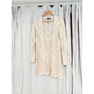 Love Ellie Cream Pointelle Knit Open Front Cardigan Sweater Beige Medium